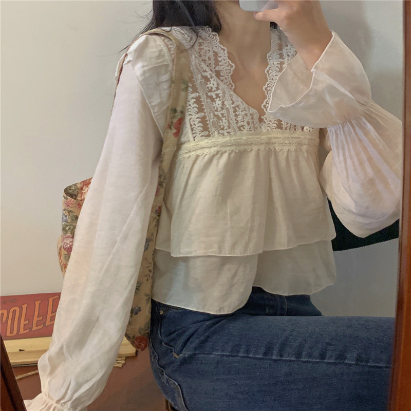 Korean V-neck Women's Blouse Casual Lace Stitched Long Sleeve Shirt Top