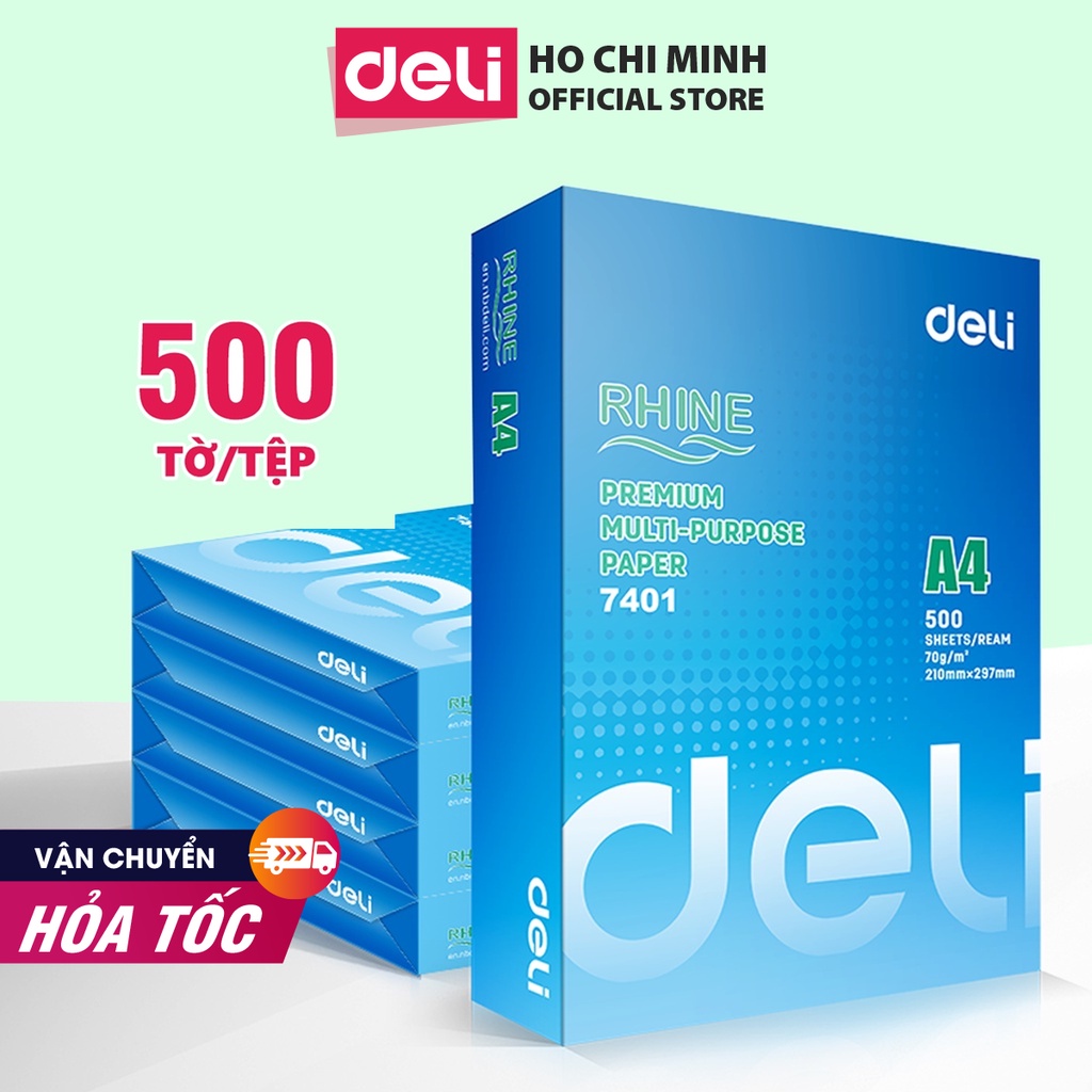 Giấy in A4 cao cấp Deli định lượng 70 gsm W7401 - Tệp 500 tờ, hàng chính hãng chống tích điện, chống lóa - W7401