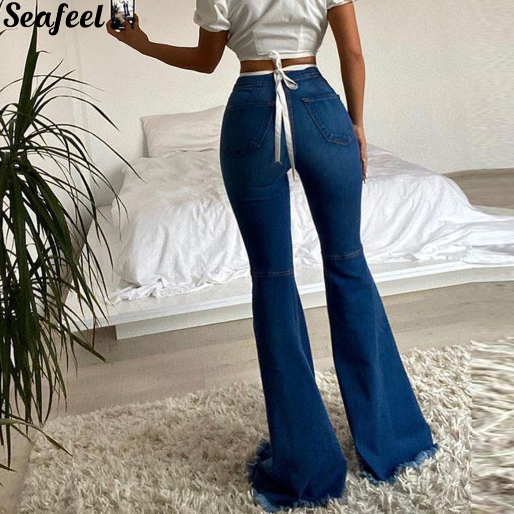 sf_ Zipper Fly Lady Jeans Long Bodycon Wide Leg Ripped Jeans Bootcut for Work