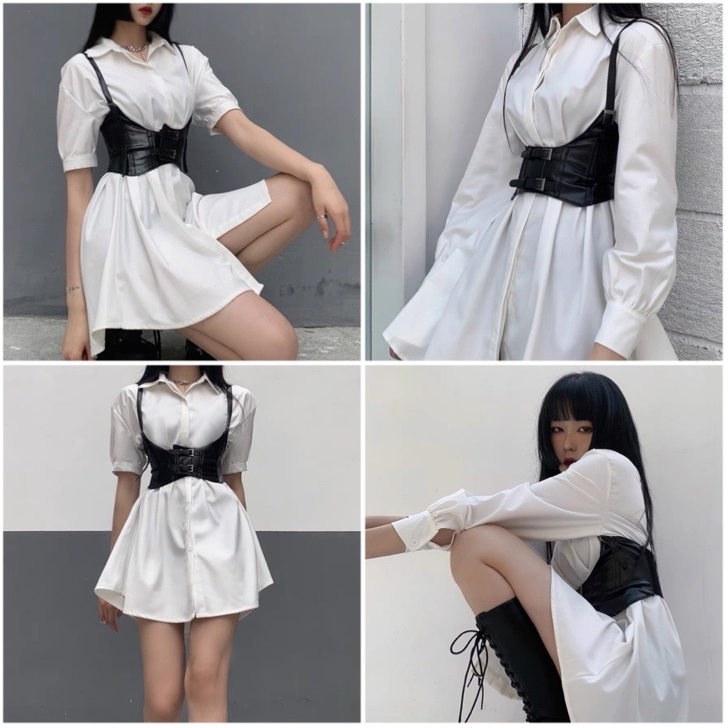 [ CÓ SẴN/ FULL SIZE] Áo CORSET có dây đeo vai, nịt bụng da màu đen thời trang dành cho nữ