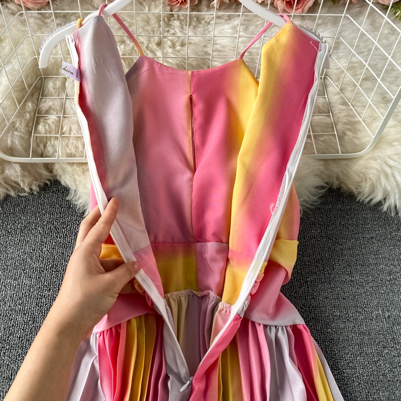 Váy Maxi Đầm Đi Biển Dáng Yếm Xếp Ly Loang Màu Thời Trang Độc Đáo (ODER)