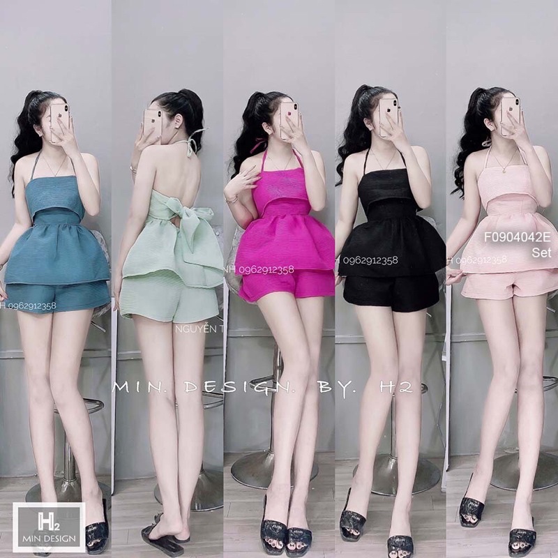 Set bộ xốp áo babydoll cột nơ lưng dây choàng cổ yếm phối quần short! (không về đen)