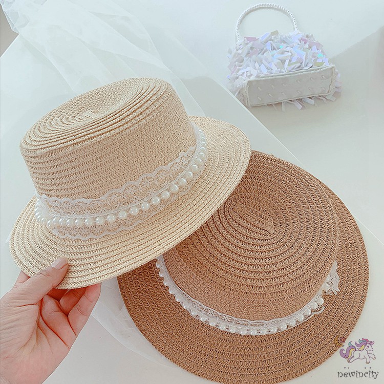 Mũ Cói Phối Ren Đính Ngọc Trai Giả Kiểu Hàn Quốc Xinh Xắn Cho Bé Gái