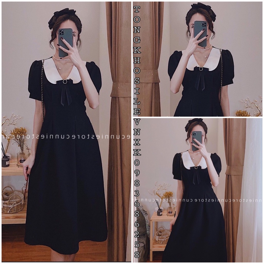 Váy Đen Cổ Bèo Trắng - Đầm Nữ Đẹp Cổ Sen Tay Bồng Maxi Dáng Chữ A