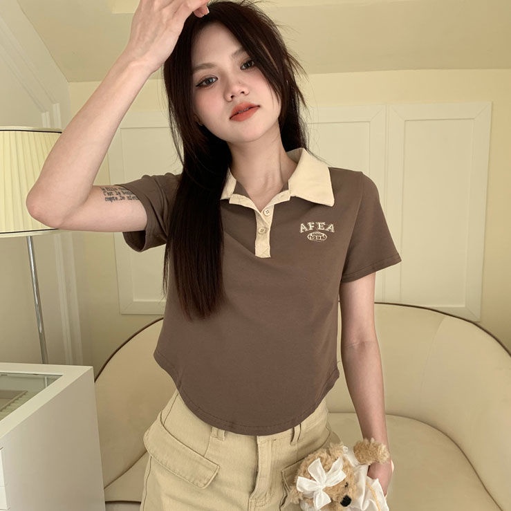 Áo thun cổ polo tay ngắn ôm vừa vặn ngắn thời trang mùa hè Mỹ cổ điển thịnh hành cho nữ HxV0