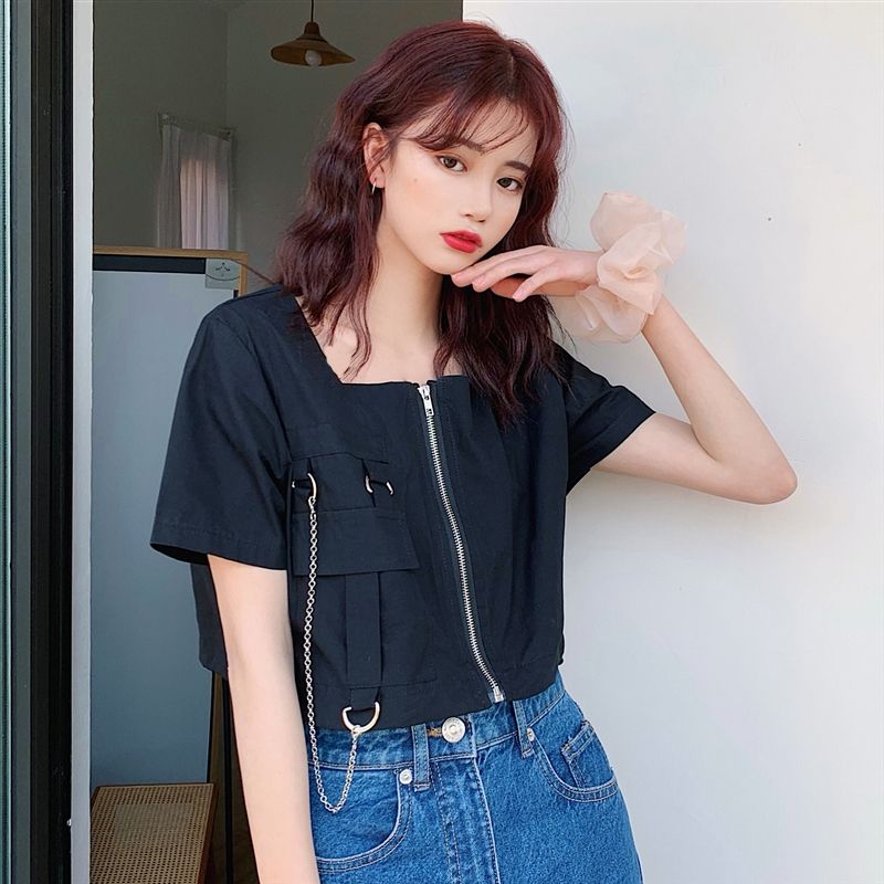 Áo Thun Ngắn Tay Cổ Vuông Phối Khóa Kéo Thời Trang Hè 2020 Cho Nữ