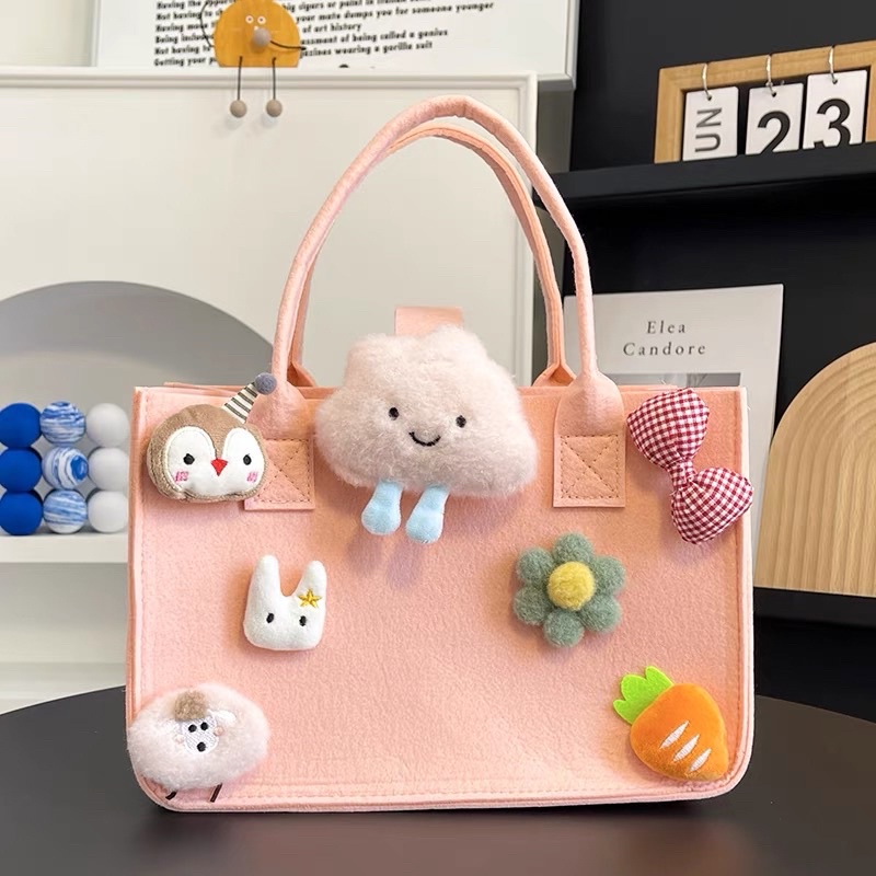 Túi vải nỉ họa tiết hoạt hình dễ thương bản to túi bỉm sữa màu kẹo đa năng cho mẹ và bé