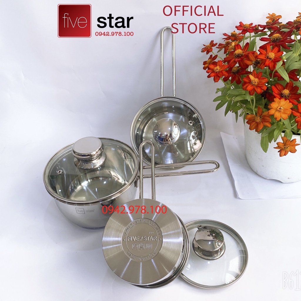 Quánh nấu cháo bột inox 430 Fivestar Standard nắp kính 3 đáy bếp từ ( 12cm / 14cm / 16cm ), tặng 5 muỗng ăn