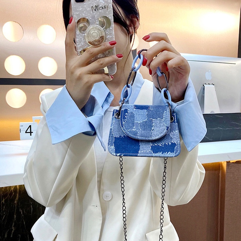 Túi đeo vai IELGY bằng denim có dây đeo dạng xích thời trang dành cho nữ