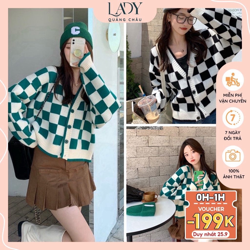 Áo khoác cardigan len nữ dài tay kiểu hàn họa tiết kẻ caro phối màu đẹp, dễ thương CG24