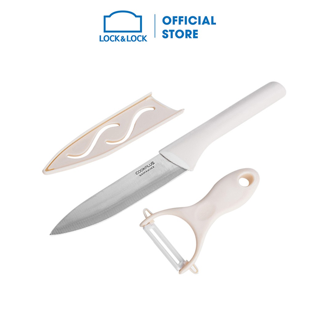 Bộ dao có nắp đậy 5''bằng thép không gỉ &dao bào sứ Lock&Lock Cookplus-trắng