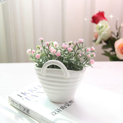 Giỏ Hoa Lụa Để Bàn 17cm - Kiểu Làn Xách Tay - Phong Cách Zak - Décor 17cm - Giỏ Sứ (Đã Có Hoa)