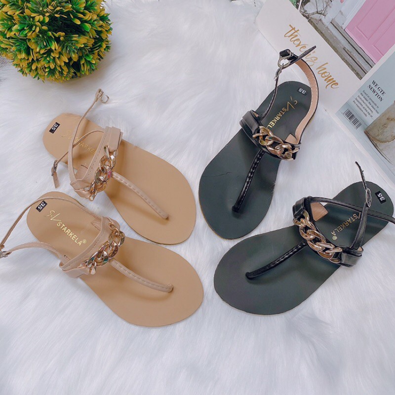 [Freeship đơn 50k] Dép sandal nữ đi biển xỏ ngón tag xích vàng hot hit