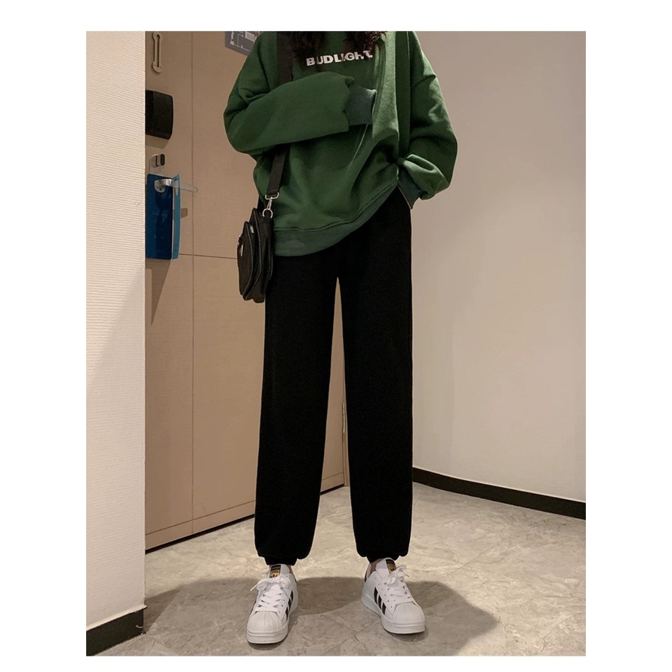 Quần jogger nữ ống rộng bo gấu trơn vải nỉ bông dây rút màu đen - Quần bom ống rộng nữ thun jogger mặc ở nhà thu đông