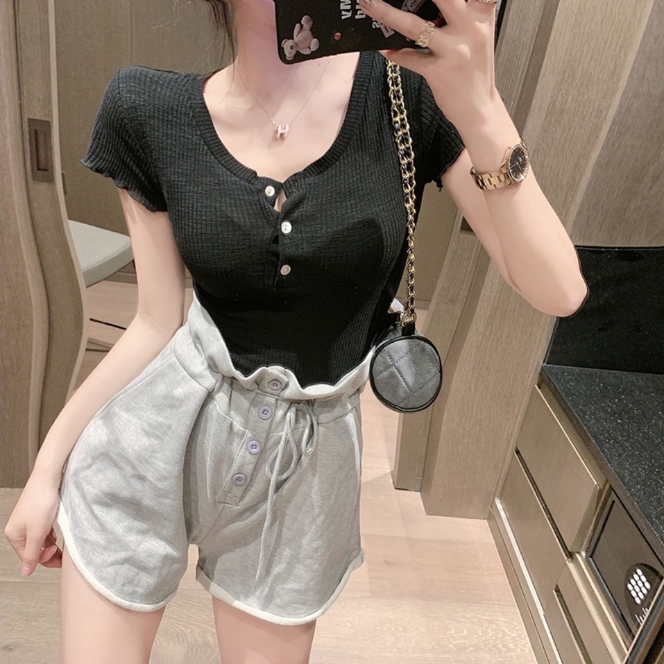 Áo Dệt Kim Ngắn Tay Cổ Chữ V Gợi Cảm