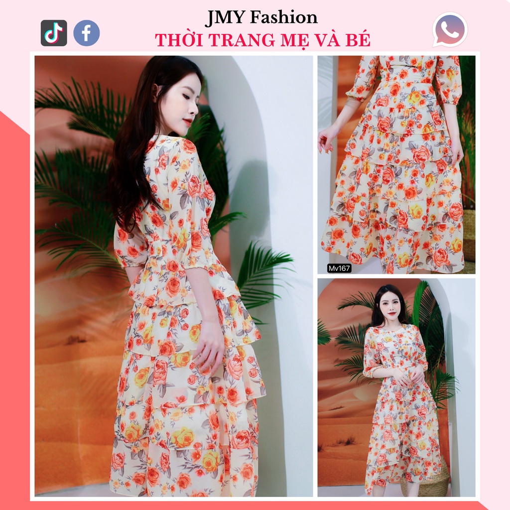 Mv167 Váy hoa vàng cam cổ tròn 5 tầng dáng dài - (MC) Modish and Chic