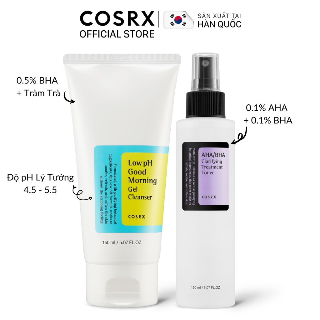 Combo Gel Rửa Mặt  Low pH Tràm Trà + Nước Hoa Hồng Tẩy Tế Bào Chết Hoá Học COSRX  AHA/BHA Toner 150ml