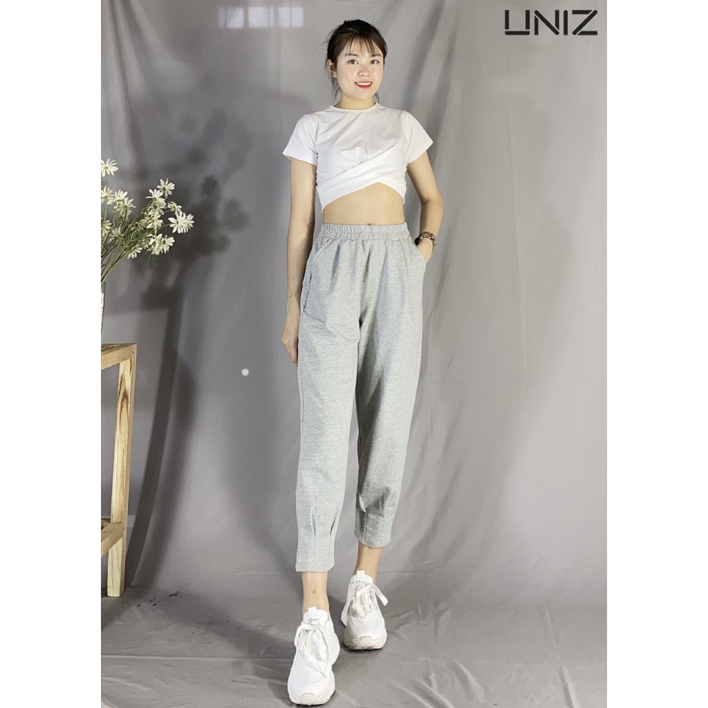 Quần Jogger Nữ Thể Thao UNIZ Q457 (Màu Ghi), Dáng Dài, Cạp Vừa, Bo Gấu, Vải Nỉ, Mềm Mịn