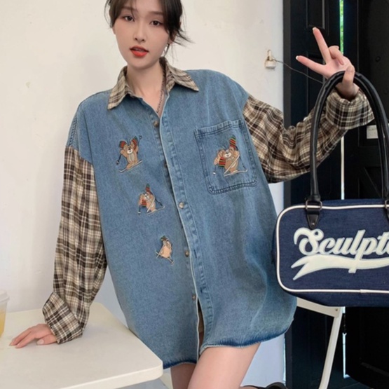 ZHELIHANGFEI Áo Khoác Sơ Mi Denim Tay Dài Dáng Rộng Kẻ Sọc Kiểu Retro Cá Tính