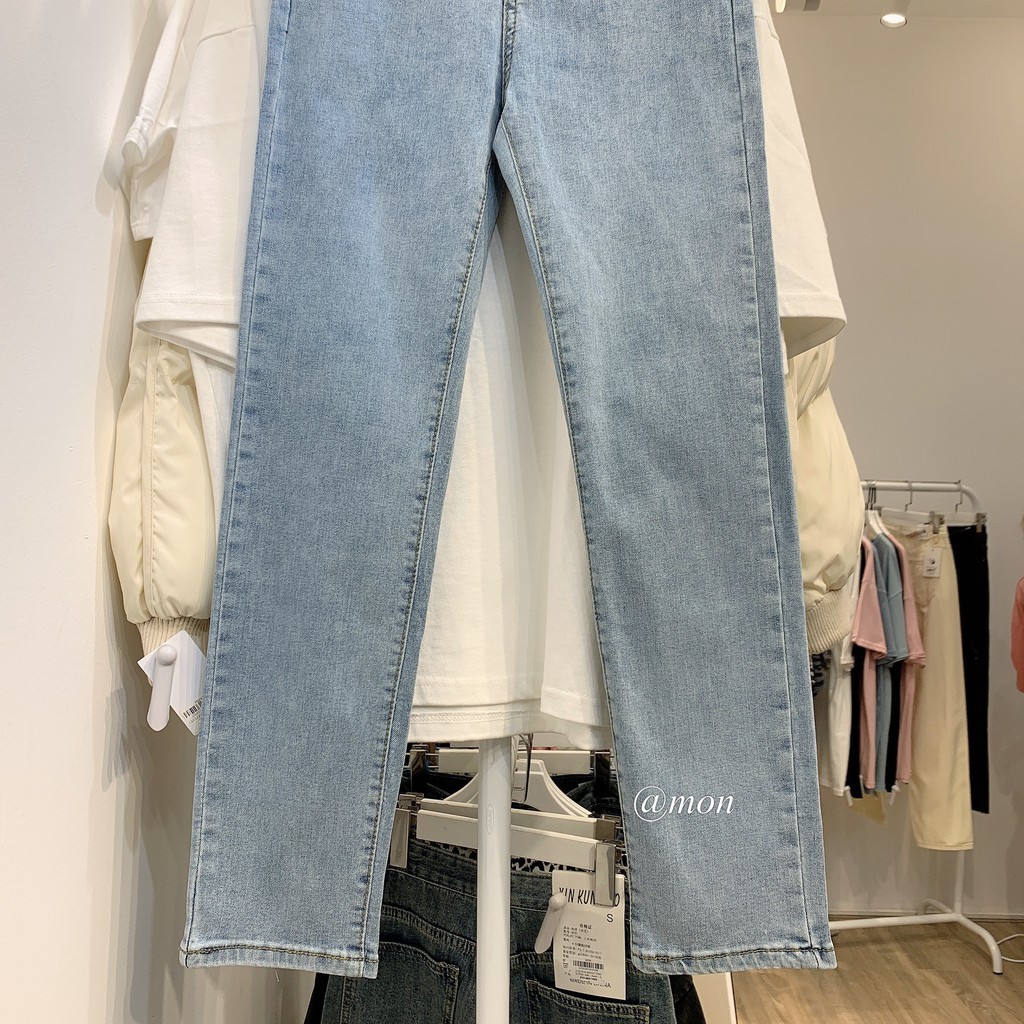2101359 Quần jeans nữ ulzzang chất jeans mềm co giãn tốt dáng ôm loe nhẹ ống đứng 2 màu đen, xanh có size | BigBuy360 - bigbuy360.vn
