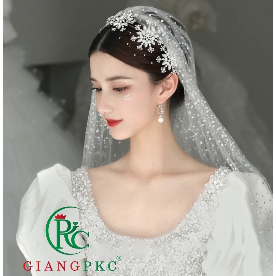Băng đô đá hoa tuyết cài tóc cô dâu