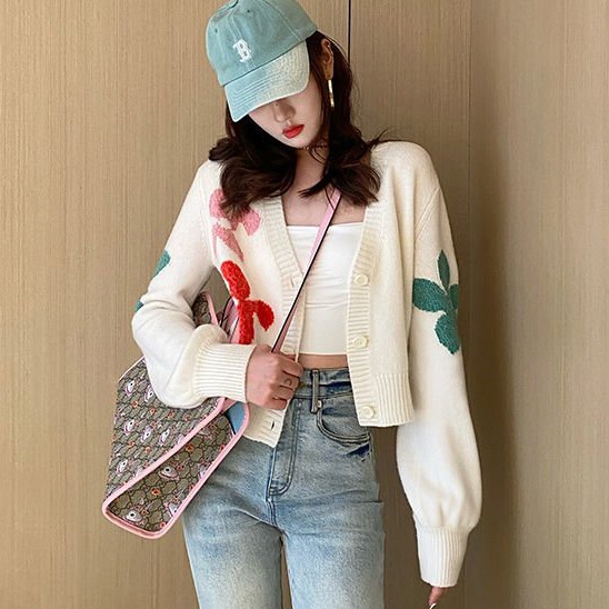 Áo Khoác hoa Cardigan len dệt kim, cổ v có nơ mẫu mới thu đông 2021