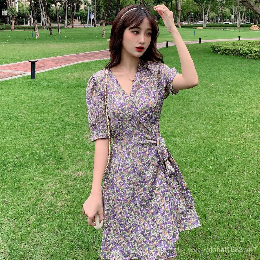 M-4XL Floral Dress Casual Dress Puff Sleeve Retro Plain Floral Print Square Neck Lace Up Bubble Sleeve Dress with Sleeves | BigBuy360 - bigbuy360.vn