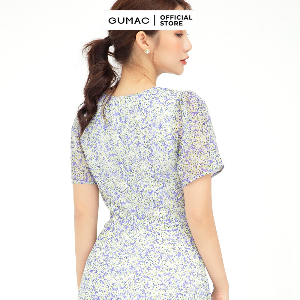 [Mã MABR07062 giảm 8% tối đa 50K đơn từ 249K] Đầm xòe nữ họa tiết hoa cổ V nơ tím GUMAC DB595 | BigBuy360 - bigbuy360.vn