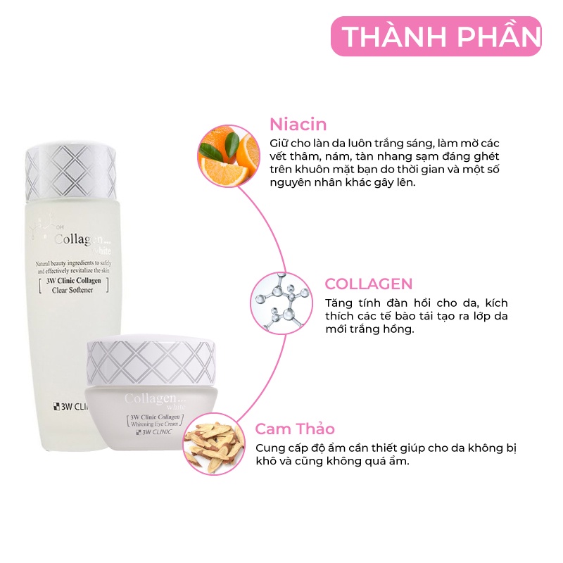 Bộ dưỡng trắng da dưỡng ẩm chống lão hóa chiết xuất từ Collagen 3W Clinic Hàn Quốc [Nước hoa hồng+ Kem Dưỡng]