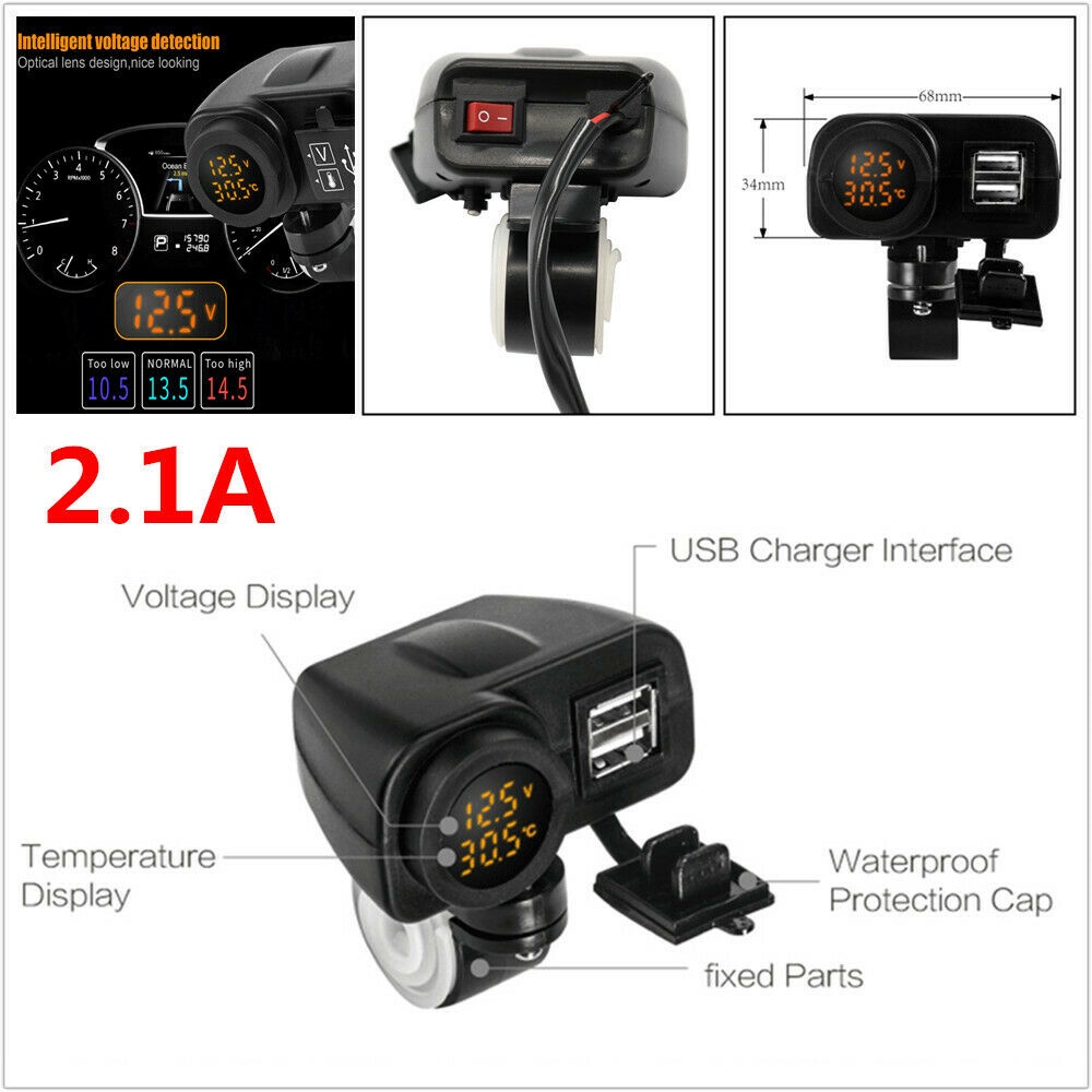 Củ Sạc Nhanh Usb Chống Nước Có Vôn Kế Dc12V 2.1a + 2.1a Cho Điện Thoại Trên Xe Máy