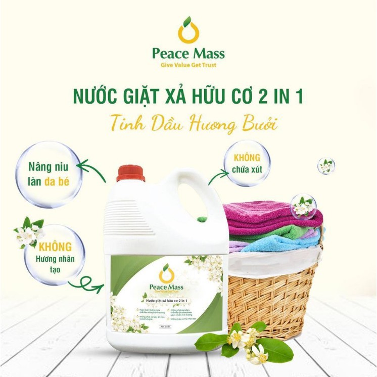 Nước giặt xả hữu cơ 2in1 PEACE MASS - can 3,6 lít - dịu nhẹ cho quần áo cả nhà, bao gồm cả quần áo bé sơ sinh