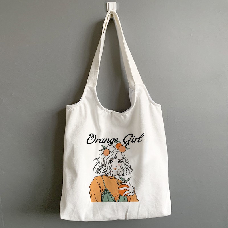 Túi Tote Orange Girl Quai Tròn Vải Canvas Có Khóa Kéo