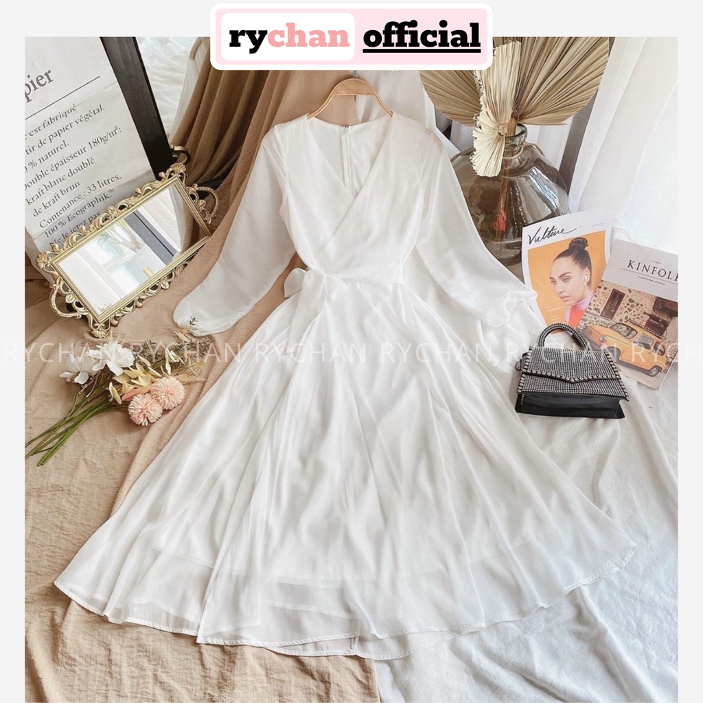 Đầm Xòe Midi Trắng Đắp Tà Cột Eo Dài Tay Lót Trong Dày Dặn [Ảnh Thật Cuối] - DX0041