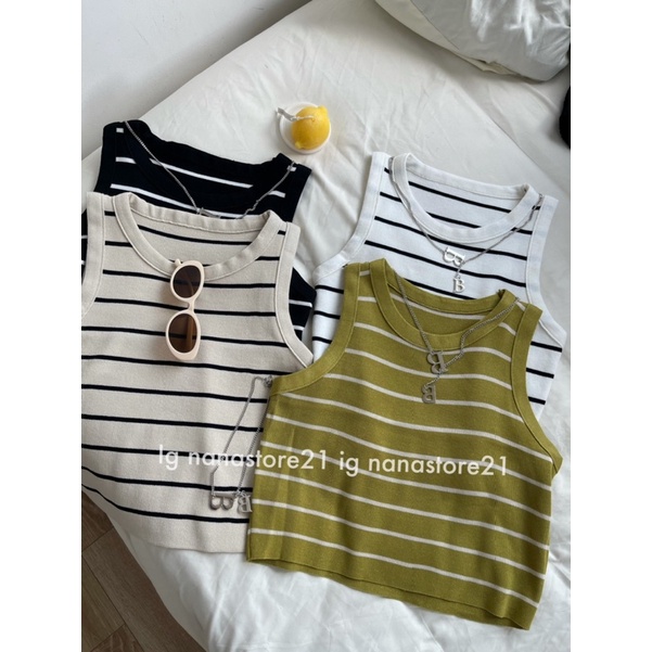 Áo ba lỗ len kẻ kèm dây cổ có thể tháo rời Nana21 Nanastore21