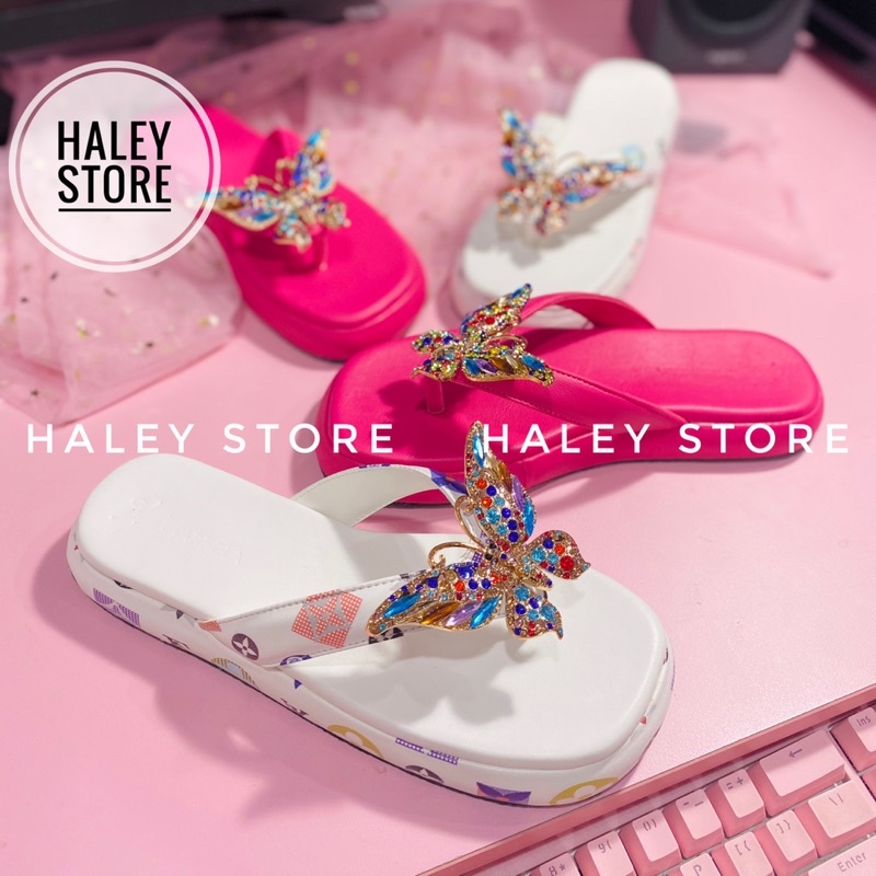 Dép nữ HALEY STORE đế bánh mì quai kẹp đính bư.ớm đá xoàn nhiều màu xinh rẻ bền đẹp tiểu thư sang trọng thời trang mới