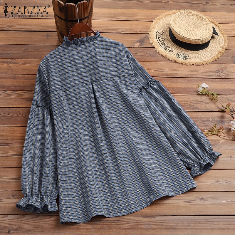 Áo sơ mi ZANZEA cổ tròn tay bèo họa tiết sọc caro thời trang dành cho bạn nữ