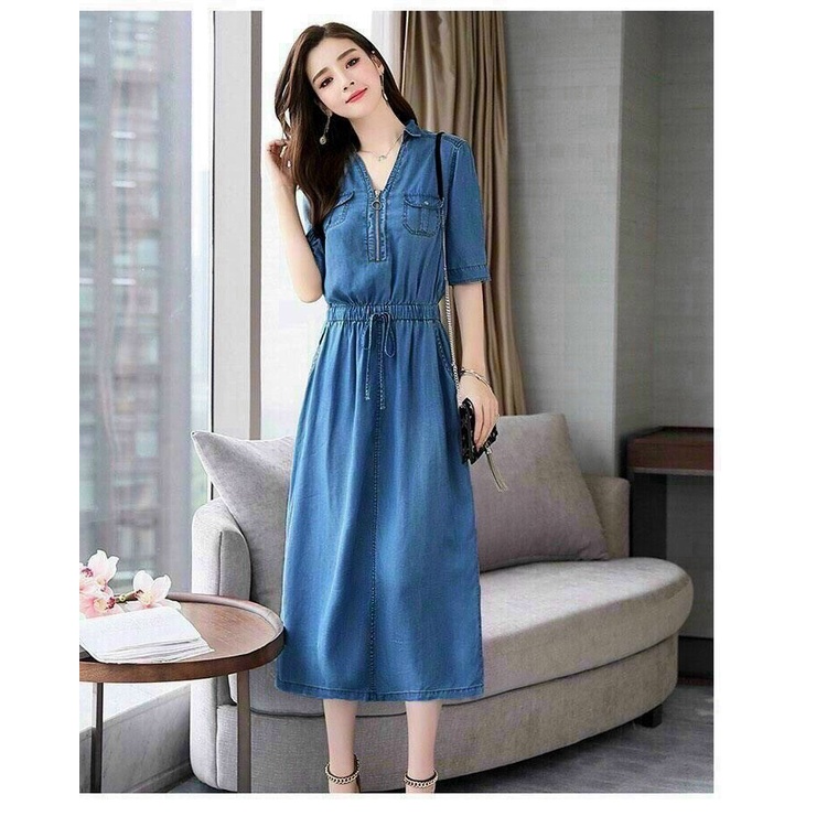 ĐẦM JEAN TAY LỠ, PHỐI DÂY KÉO CÁ TÍNH, THẮT EO TÔN DÁNG, CHẤT DÀY DẶN, ĐẸP