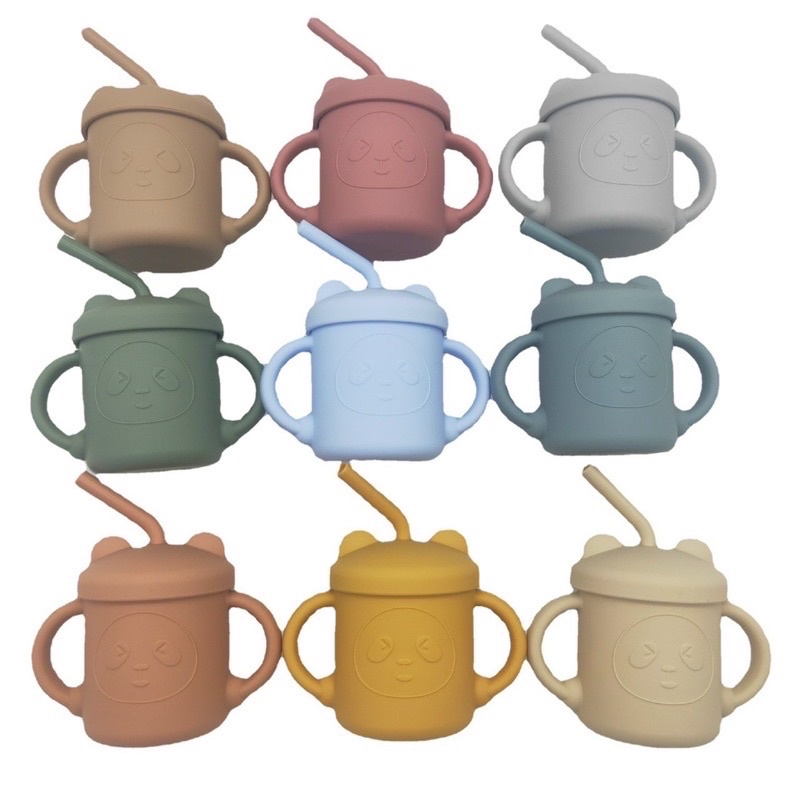 Cốc tập hút silicon hình gấu xinh xắn cho bé tập uống 2in1 kèm ống hút thay thế