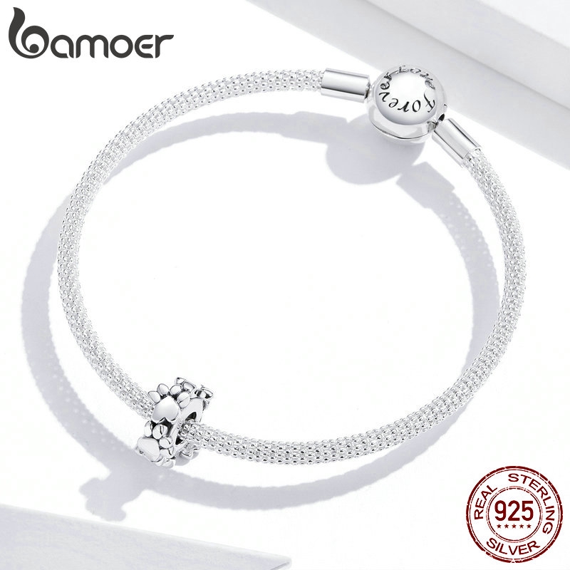 Phụ Kiện Bamoer SCC1504 Bằng Bạc 925 Hình Dấu Chân Chó Có Nút Chặn Silicone Dùng Làm Trang Sức DIY