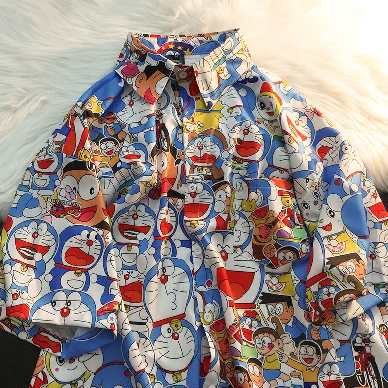 in Doraemon áo sơ mi ngắn tay nữ retro phong cách Hồng Kông lỏng lẻo giản dị mùa hè hoang dã áo sơ mi nửa tay thích hợp