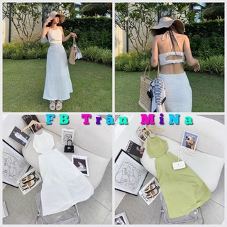 Đầm maxi dáng dài nữ cổ yếm dây lưng bo chun