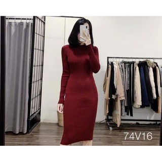 đầm len body màu đỏ đô