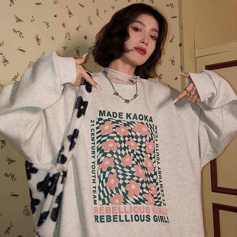 Áo thun nỉ ZHELIHANGFEI tay dài dáng rộng in hoa phối họa tiết thời trang dễ phối đồ