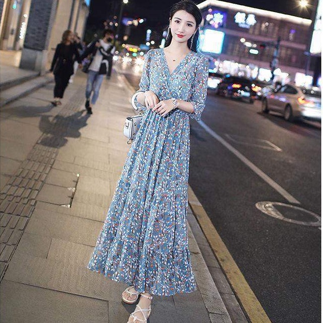 Đầm Dài Họa Tiết Hoa Phong Cách Hàn Quốc Thời Trang Cho Nữ