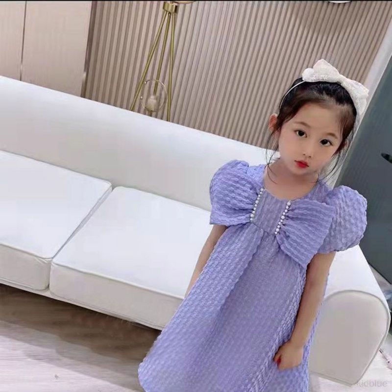 Đầm Công Chúa Tay Phồng Đính Nơ Lớn Thiết Kế Ngọt Ngào Cho Bé Gái