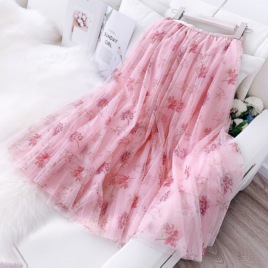 Chân váy xếp ly, chân váy lưới dài in hoa cổ tích siêu xinh VD0038