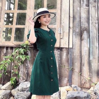 Đầm xanh lính tay phồng (kèm hình thật)