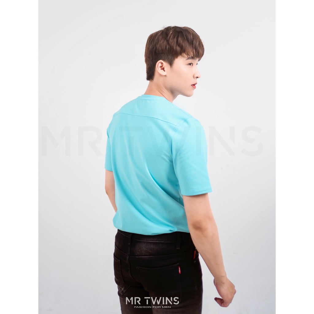 Áo thun Nam cổ tròn xanh thiên thanh 100% Cotton thương hiệu Mr Twins