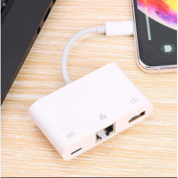 Cáp chuyển lightning to Ethernet (RJ45 1000Mbps) có cổng sạc và usb - NK107