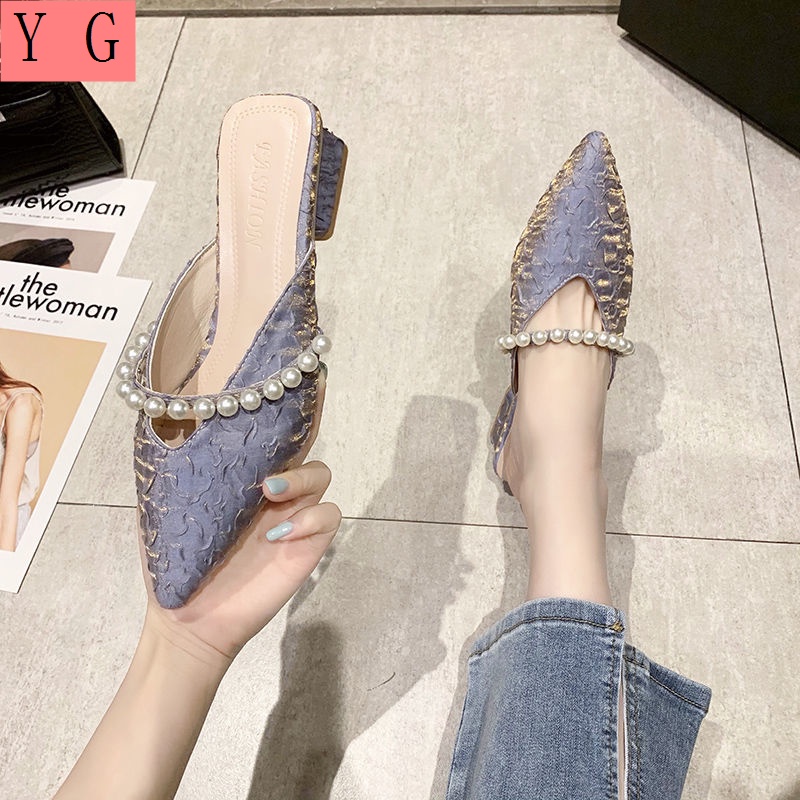 Dép Muller Gót Dày Mũi Nhọn Đính Ngọc Trai Thời Trang Mùa Hè Mới 2022 Cho Nữ